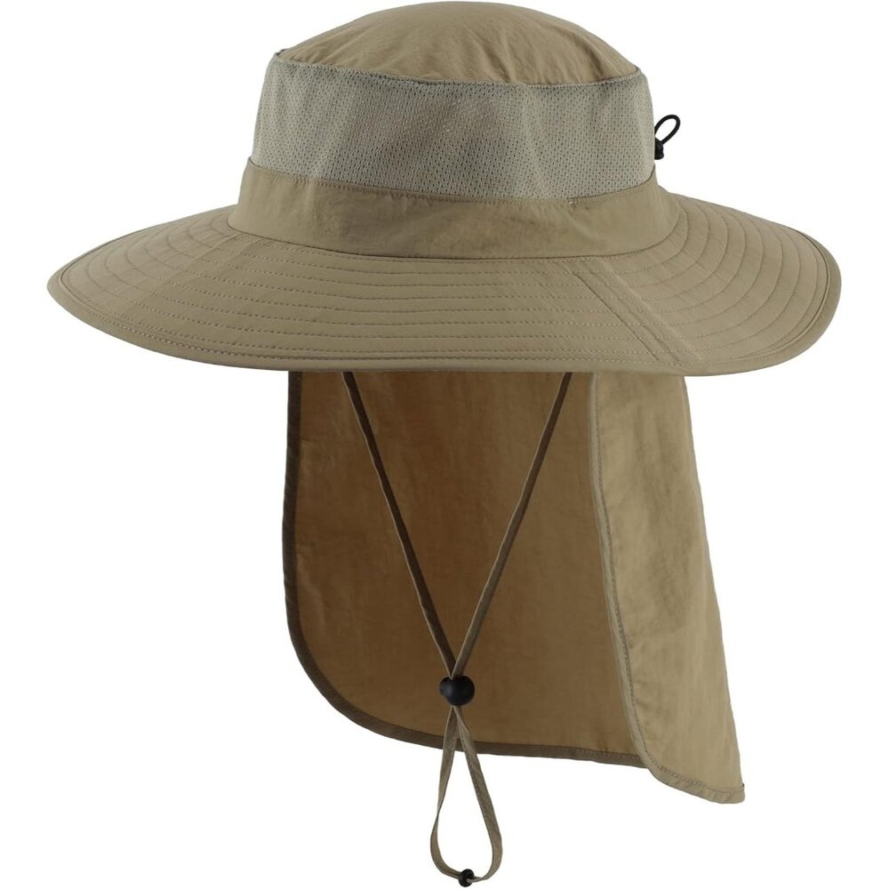 Unisex Olive 100% Polyester Wide Brim Mesh Vent Neck Flap Adjustable Fishing Hat